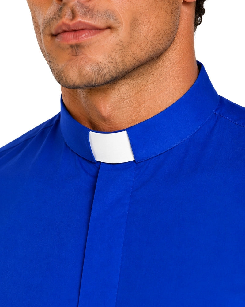 A close-up of a man wearing a royal blue clerical shirt with a white clerical collar, shown from the chest up against a plain white background.