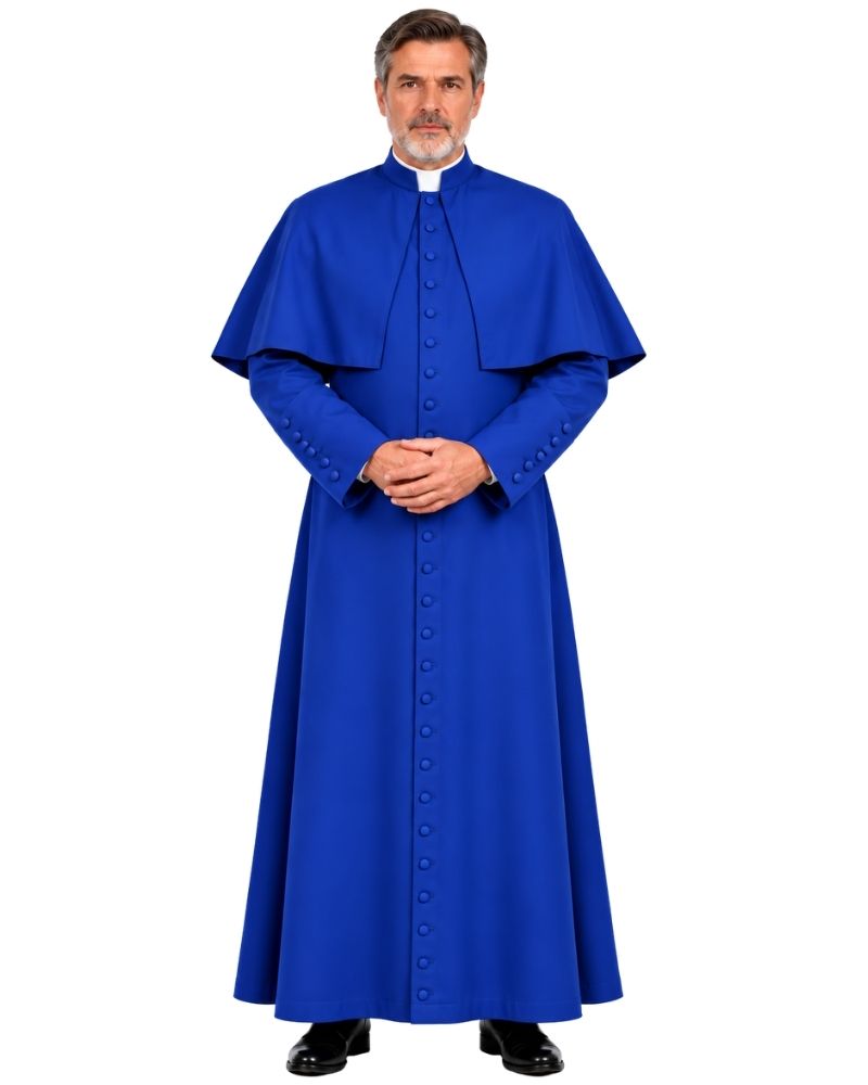 A Royal Blue Solomon Cassock For Men With Shoulder Cape with a high collar, front buttons, and a cape-like shoulder drape, standing against a plain white background.