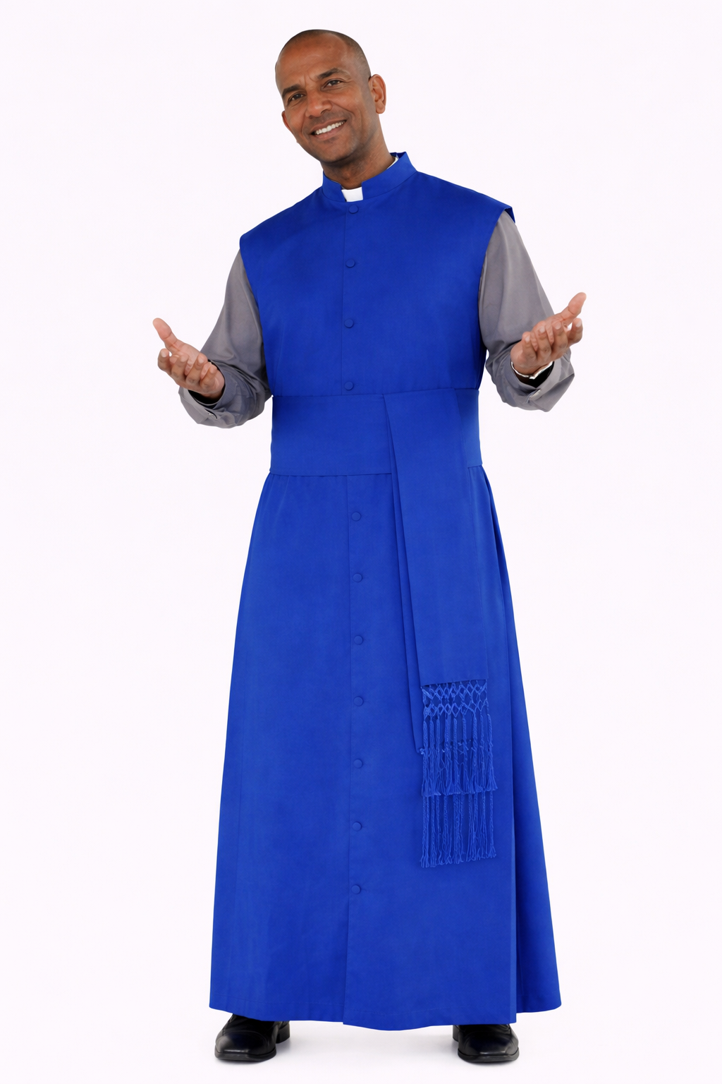 Man wearing a blue robe with a white background