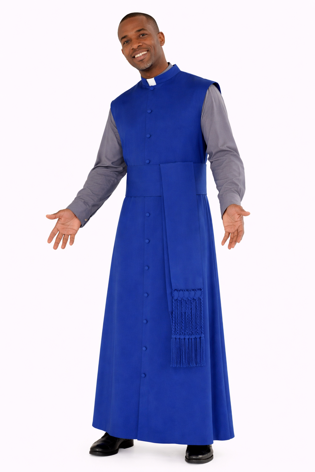 Man wearing a blue cassock with a white background