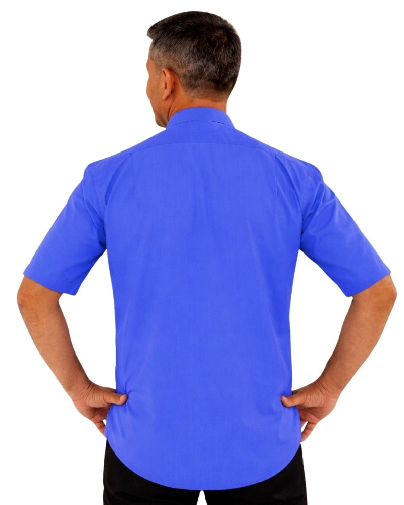 Man wearing a blue shirt with a white collar against a white background