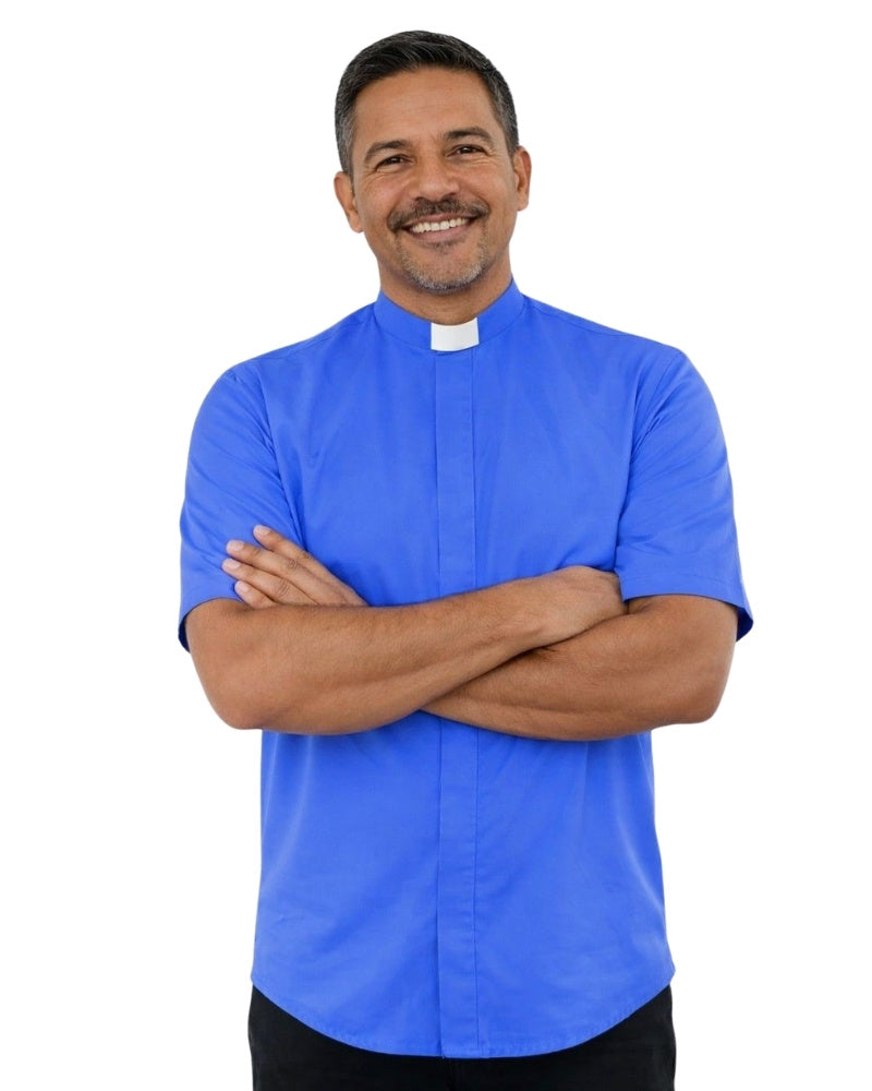 Man wearing a blue shirt with a white collar against a white background
