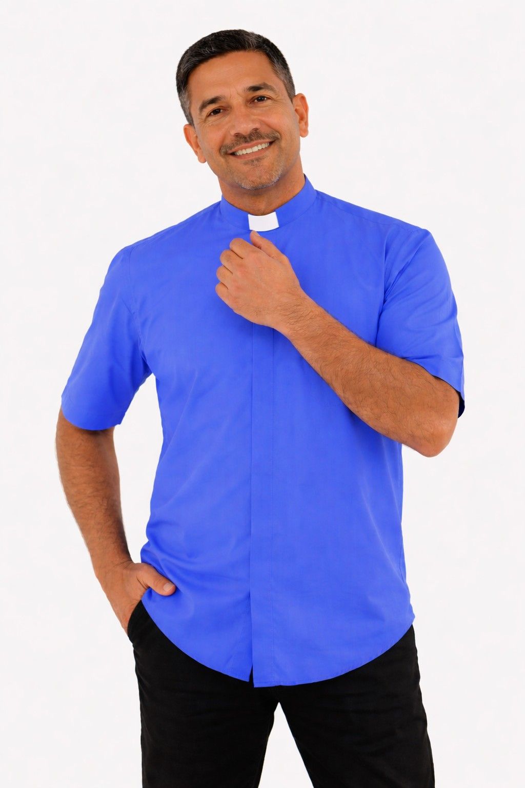 Man wearing a blue shirt with a collar on a white background