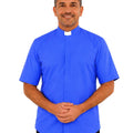 Man wearing a blue shirt with a white collar against a white background