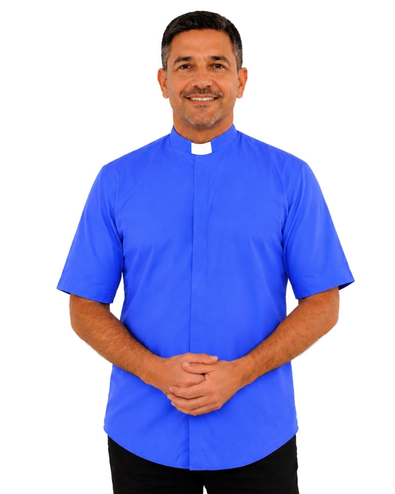 Man wearing a blue shirt with a white collar against a white background