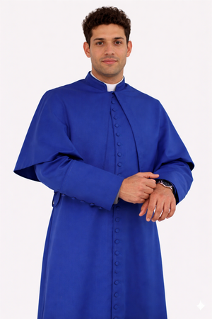 Man wearing a blue robe on a white background