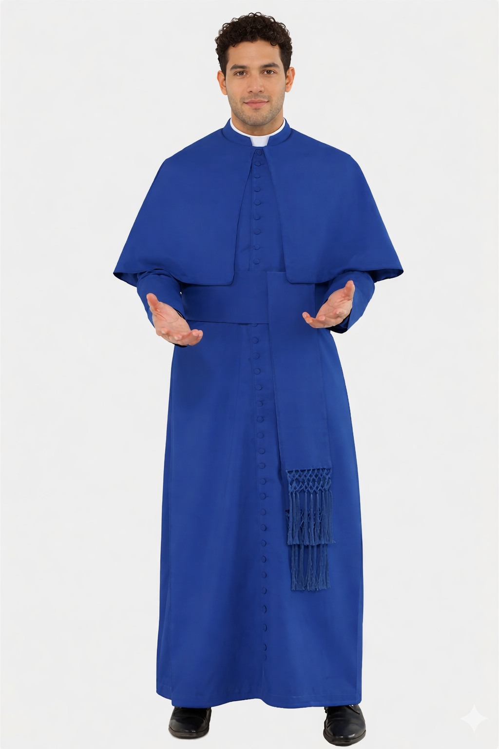 Man wearing a blue religious robe with a white collar on a white background
