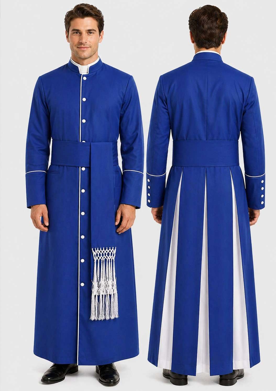 Blue robe with white accents on a plain background