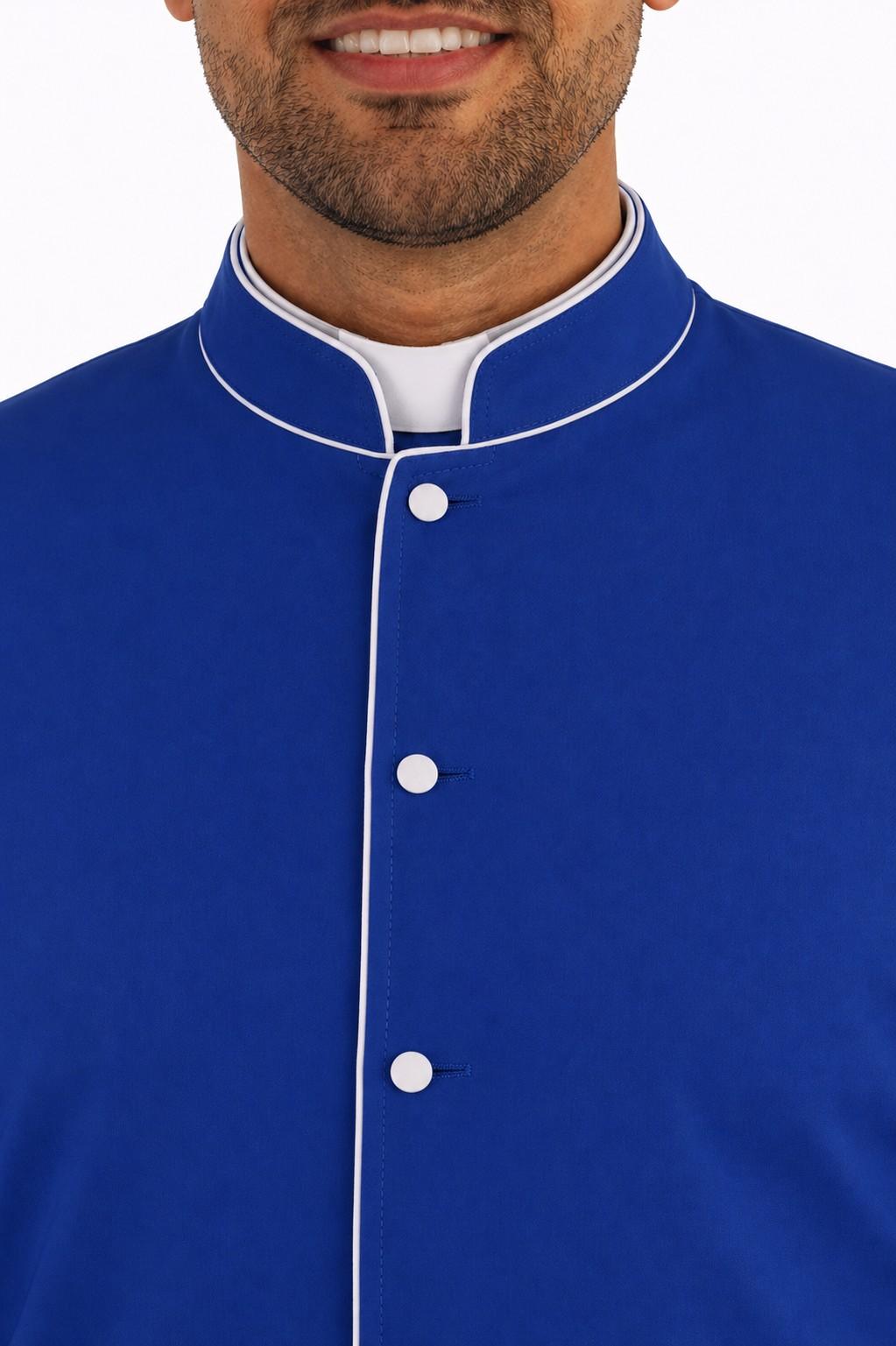 Blue cassock with white buttons on a plain background