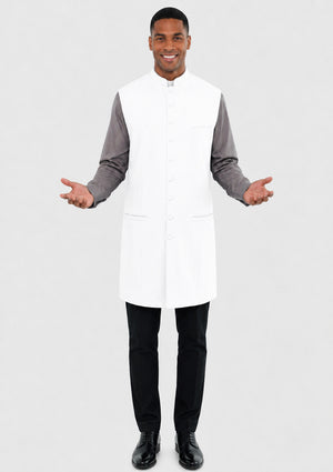Man wearing a white vest over a gray long-sleeve shirt on a light gray background