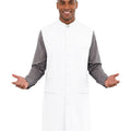 Man wearing a white vest over a gray long-sleeve shirt on a light white background.