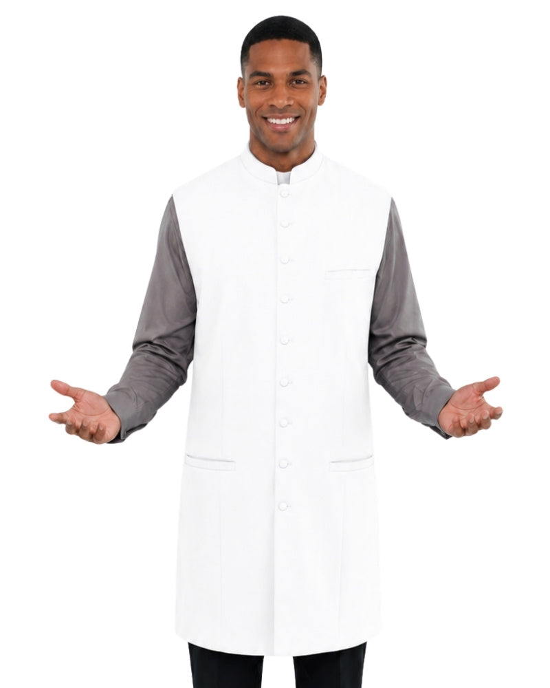 Man wearing a white vest over a gray long-sleeve shirt on a light white background.