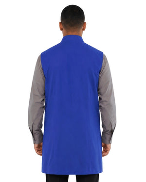 Man wearing blue vest on white background.