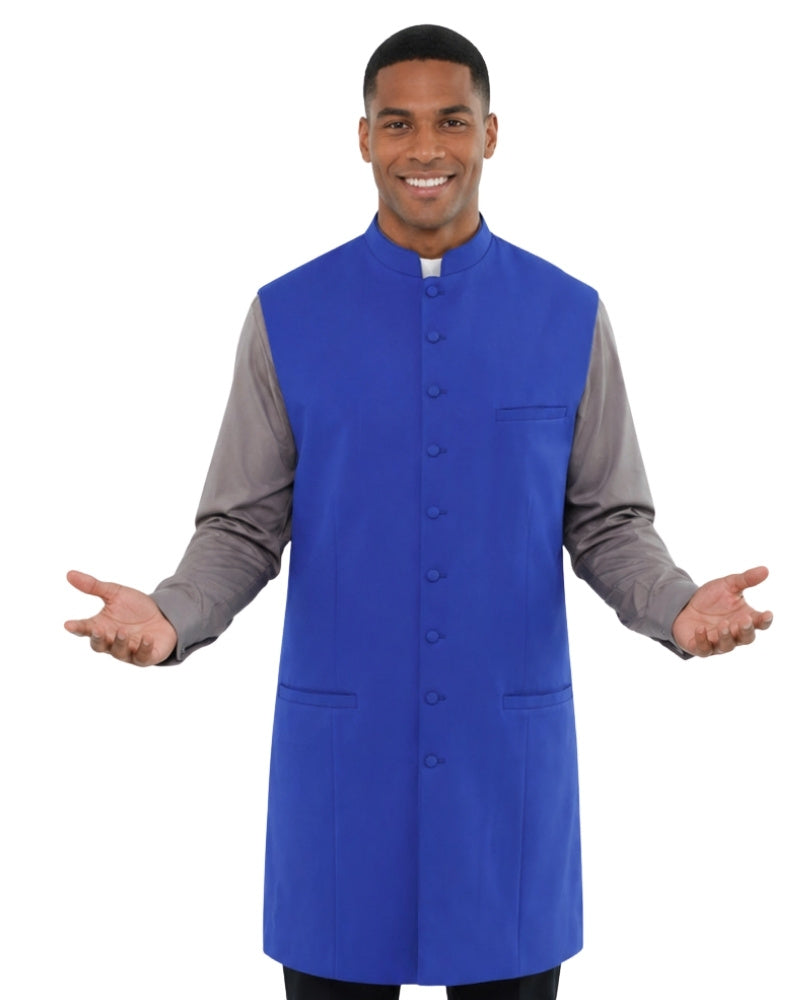 Man wearing blue vest on white background.