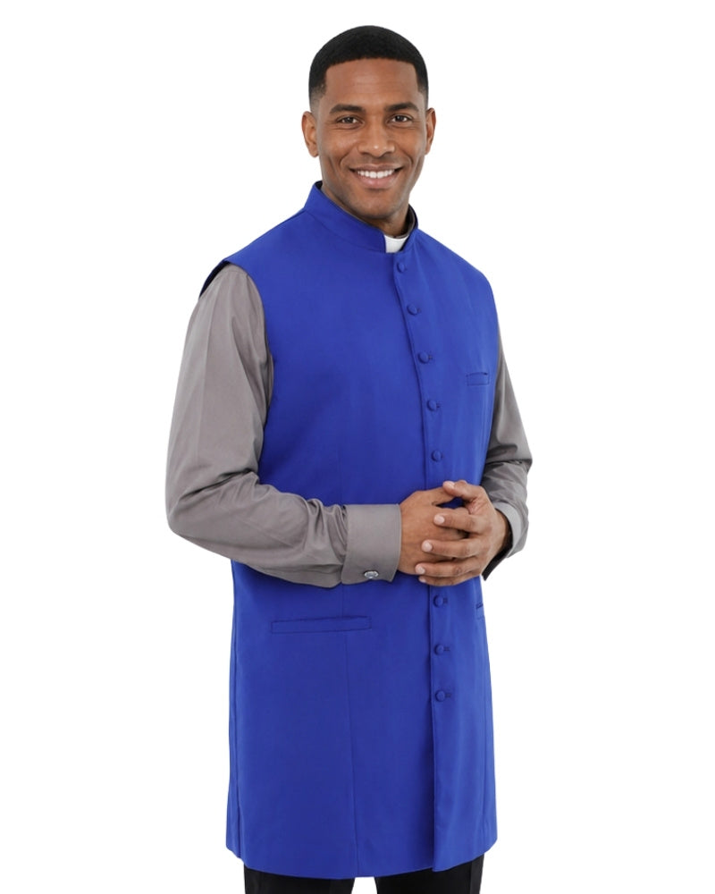 Man wearing blue vest on white background.