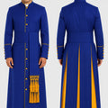 Blue and yellow cassock with buttons and a sash on a white background