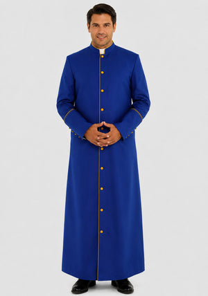 Man wearing a long blue robe with gold buttons on a white background