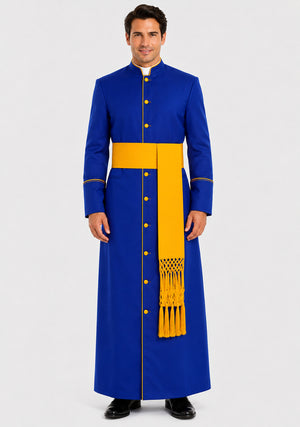 Man wearing a blue robe with a yellow sash on a white background