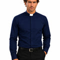 Man wearing a navy blue clerical shirt with a white collar on a white background