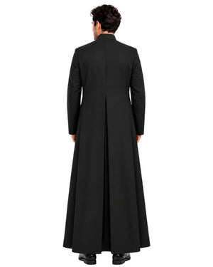 A man viewed from the back wearing a Sanctus Black Roman Robe with long sleeves and a high collar, standing against a plain white background.