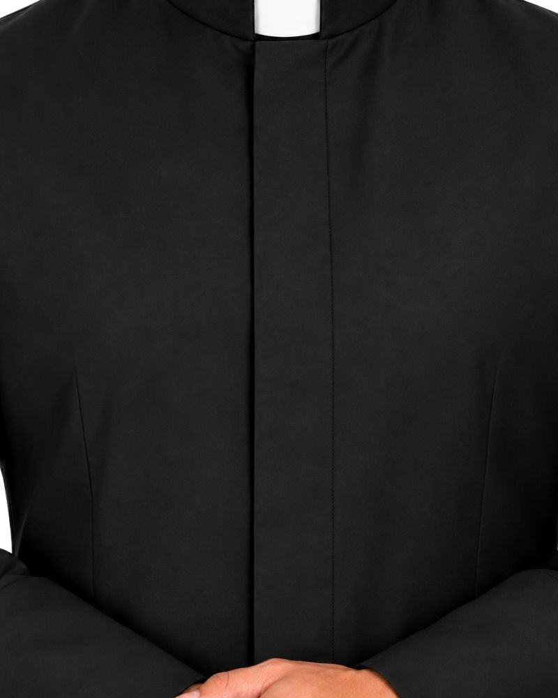 A close-up of a Sanctus Black Roman Robe with a white collar tab visible at the top, shown on a person with hands folded below.