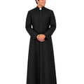 A man modeling a Sanctus Black Roman Robe with a high collar and a white clerical collar, standing against a plain white background.
