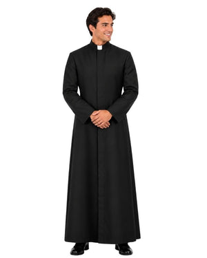 A man modeling a Sanctus Black Roman Robe with a high collar and a white clerical collar, standing against a plain white background.
