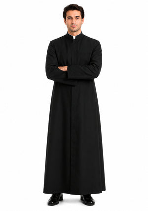Man wearing a black cassock on a white background