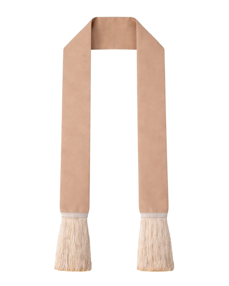 A beige suede-like academic or ceremonial stole with cream-colored fringe tassels at the bottom ends, shown flat against a solid white background.