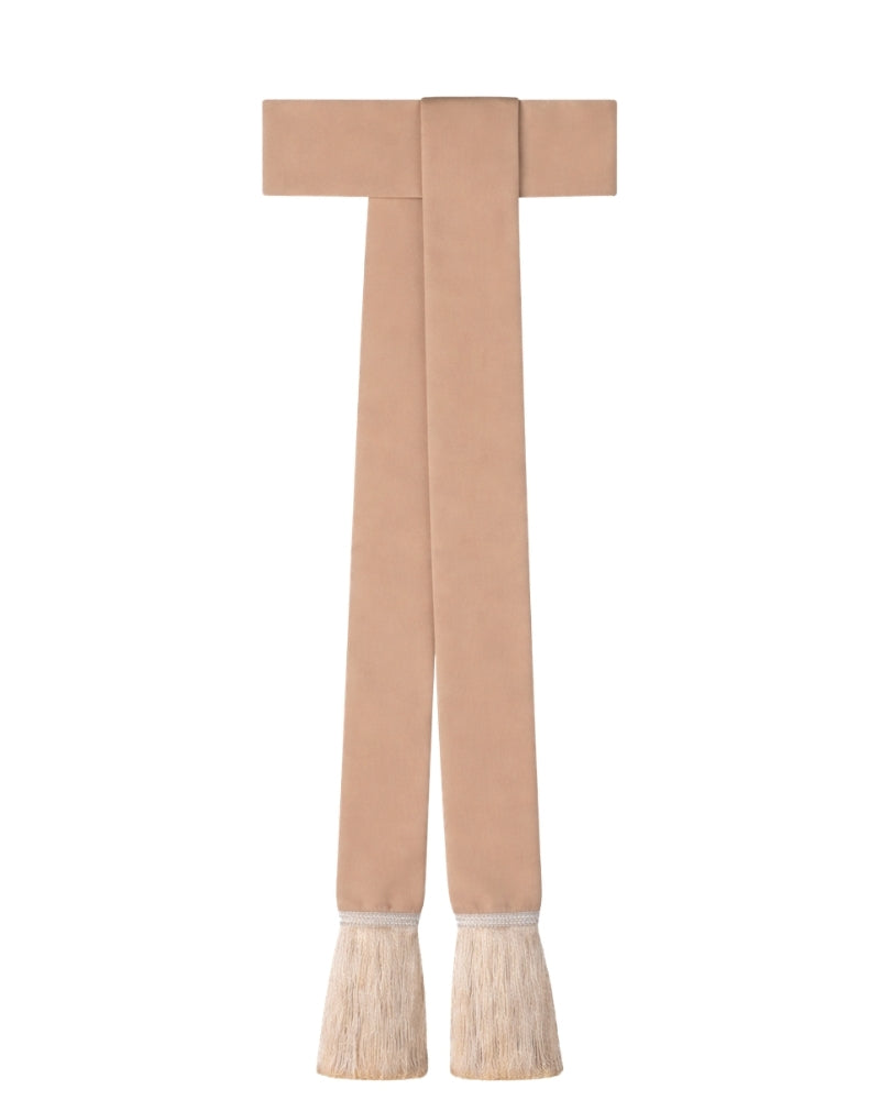 A light beige suede belt with a wide knot at the waist and fringed tassels at the ends, shown against a plain white background.