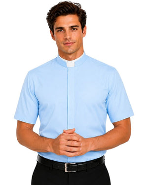 A man wearing a light blue short-sleeve clerical shirt with a white collar, paired with black trousers and a black belt, against a plain white background.