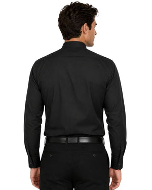 A man viewed from the back wearing a black long-sleeve clerical shirt tucked into black trousers with a black belt, against a plain white background.