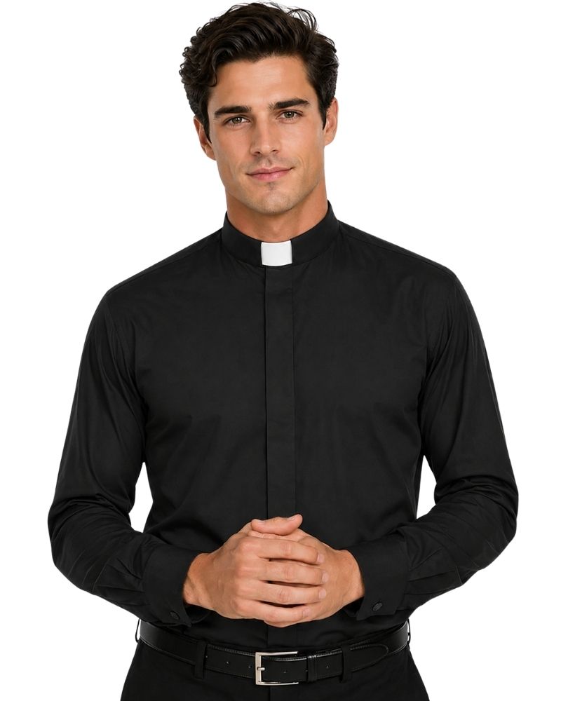 A man wearing a black long-sleeve clerical shirt with a white collar tab, paired with a black belt, against a plain white background.