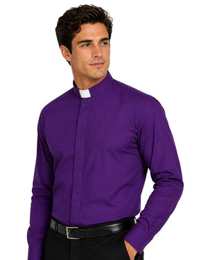A man wearing a purple long-sleeve clerical shirt with a white collar tab, paired with black trousers and a black belt, against a plain white background.