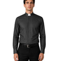 Man wearing a black clerical shirt with a white collar on a white background