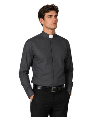 Man wearing a black clerical shirt with a white collar on a white background