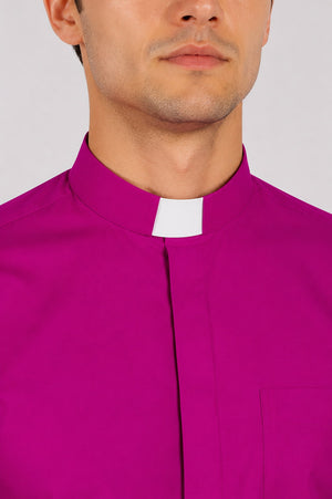 Purple clerical shirt with a white collar against a white background