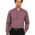 Man wearing a purple clerical shirt with a white collar on a white background