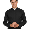 Man wearing black clerical shit on white background.