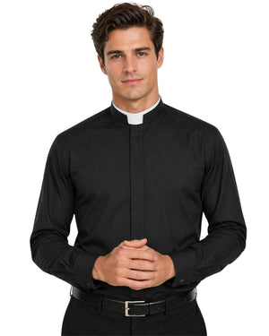 Man wearing black clerical shit on white background.