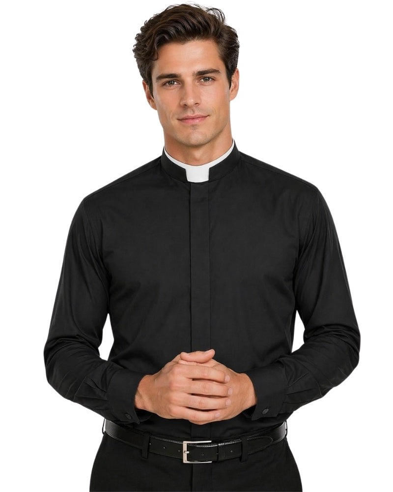 Man wearing black clerical shit on white background.