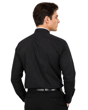Man wearing black clerical shit on white background.