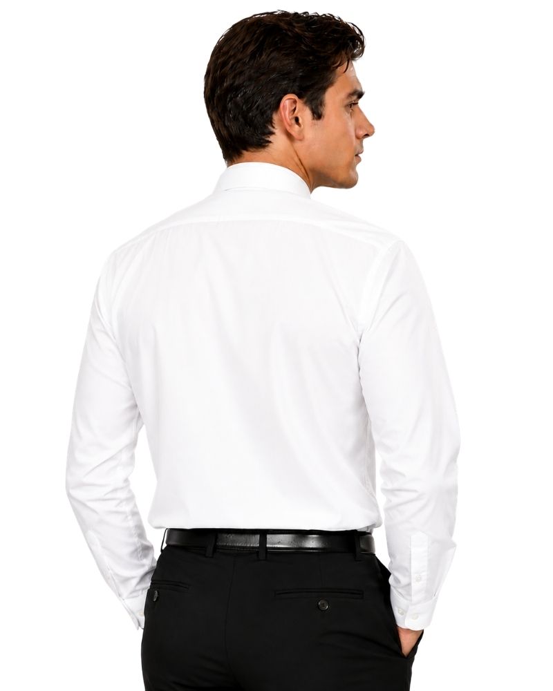 A man shown from the back wearing a white long-sleeve clerical shirt tucked into black trousers with a black belt, against a plain white background.