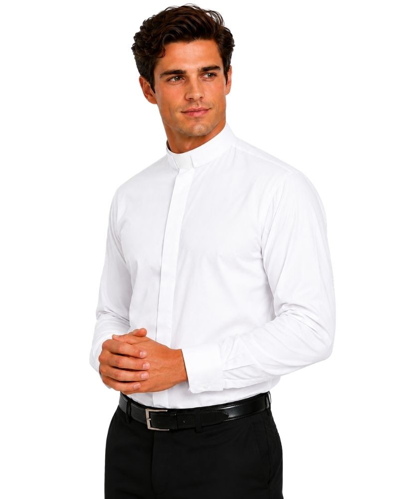 A man wearing a crisp white long-sleeve clerical shirt with a mandarin collar, paired with black trousers and a black belt, photographed against a solid white background.