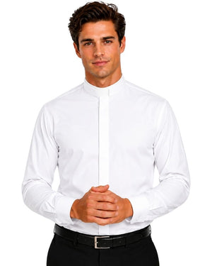 A man wearing a white long-sleeve clerical shirt with a unique stand-up collar and front button placket, paired with black trousers and a black belt, against a plain white background.