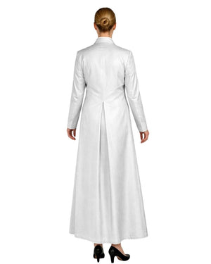 A woman viewed from the back wearing a long white robe with long sleeves, a high collar, and a back slit, paired with black heels against a plain white background.