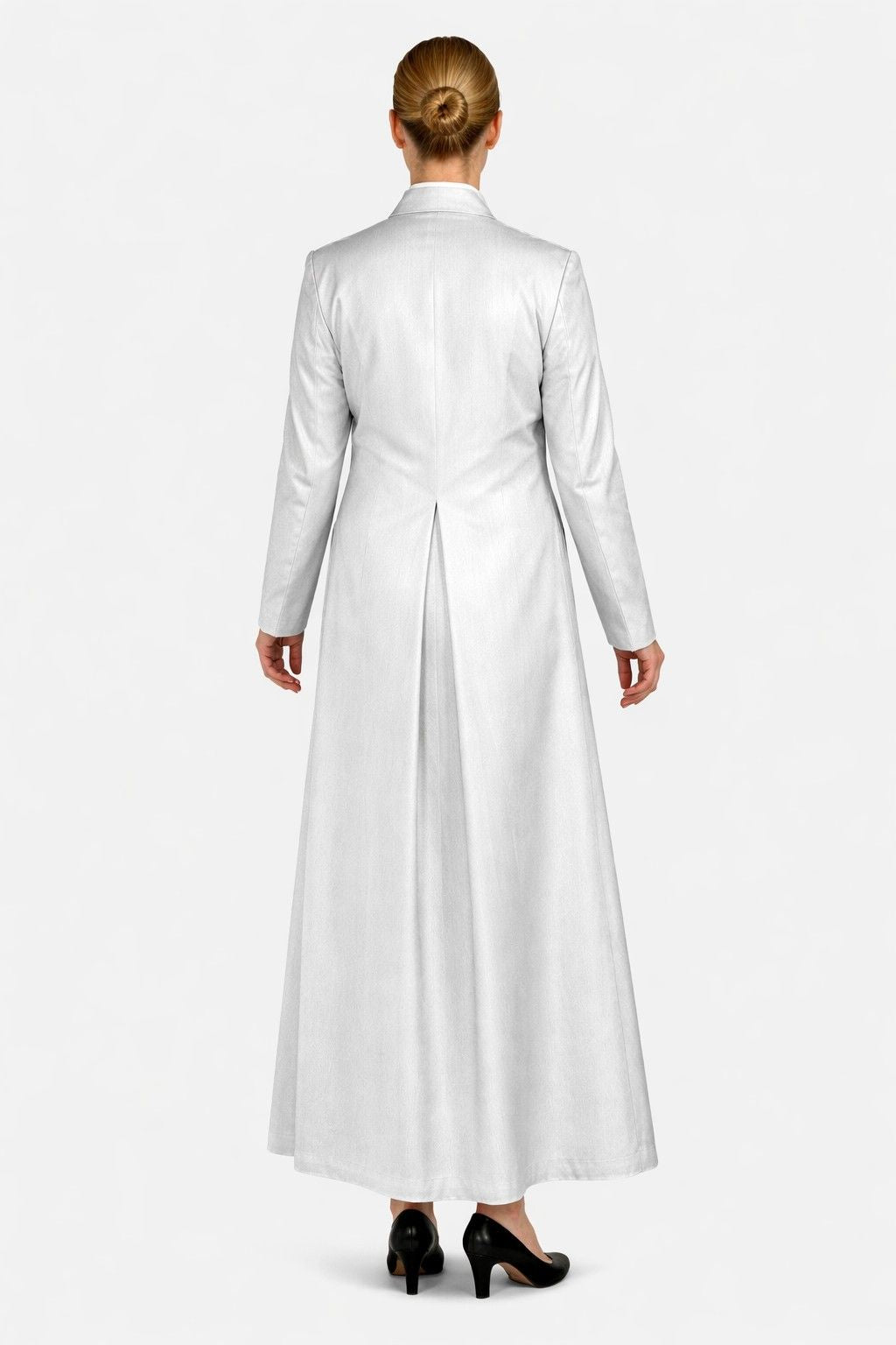 Women wearing a long white coat on a white background