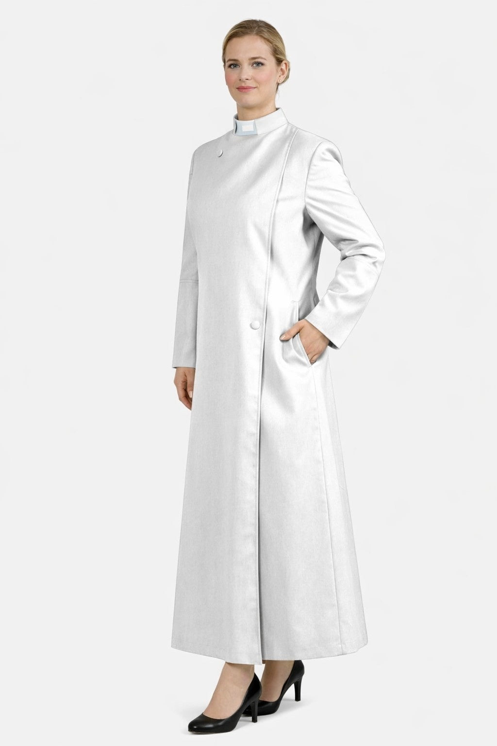 Woman wearing a long white coat on a white background