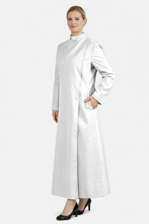 Woman wearing a long white coat on a white background