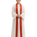 A woman modeling a white liturgical robe with a prominent orange-red striped stole featuring two gold crosses, set against a plain white background.